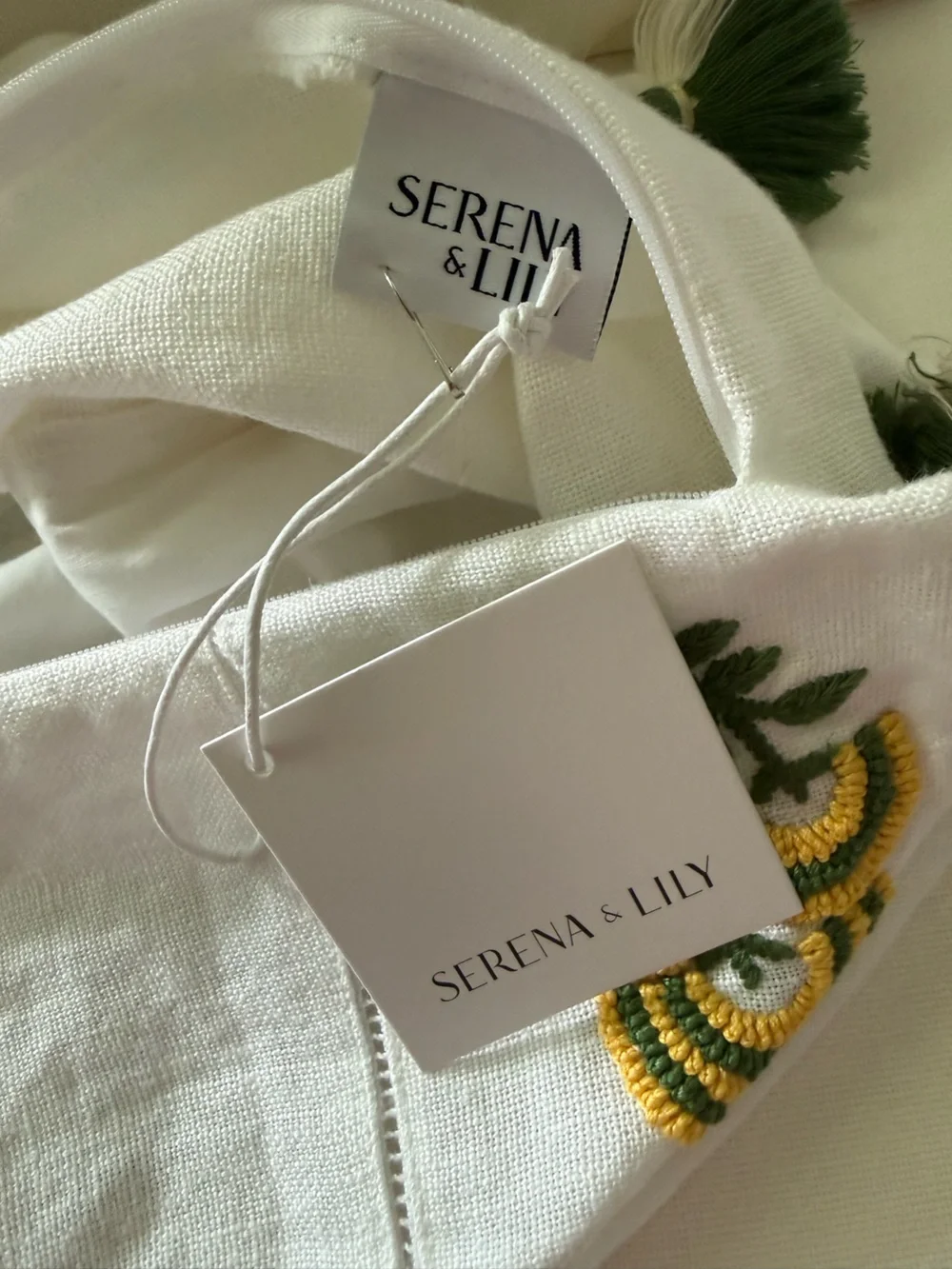 New! SERENA & LILY 100% Linen Embroidered Tassel Pillow 14x30